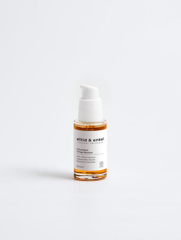 Antioxidant ginkgo gel booster in a sleek white bottle on a white background, 30 ml.