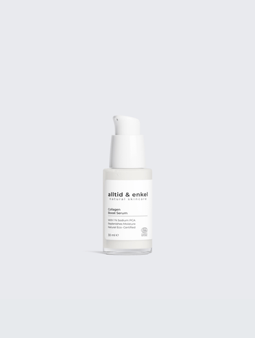 Collagen boost serum in a sleek white bottle on a white background, 30 ml.