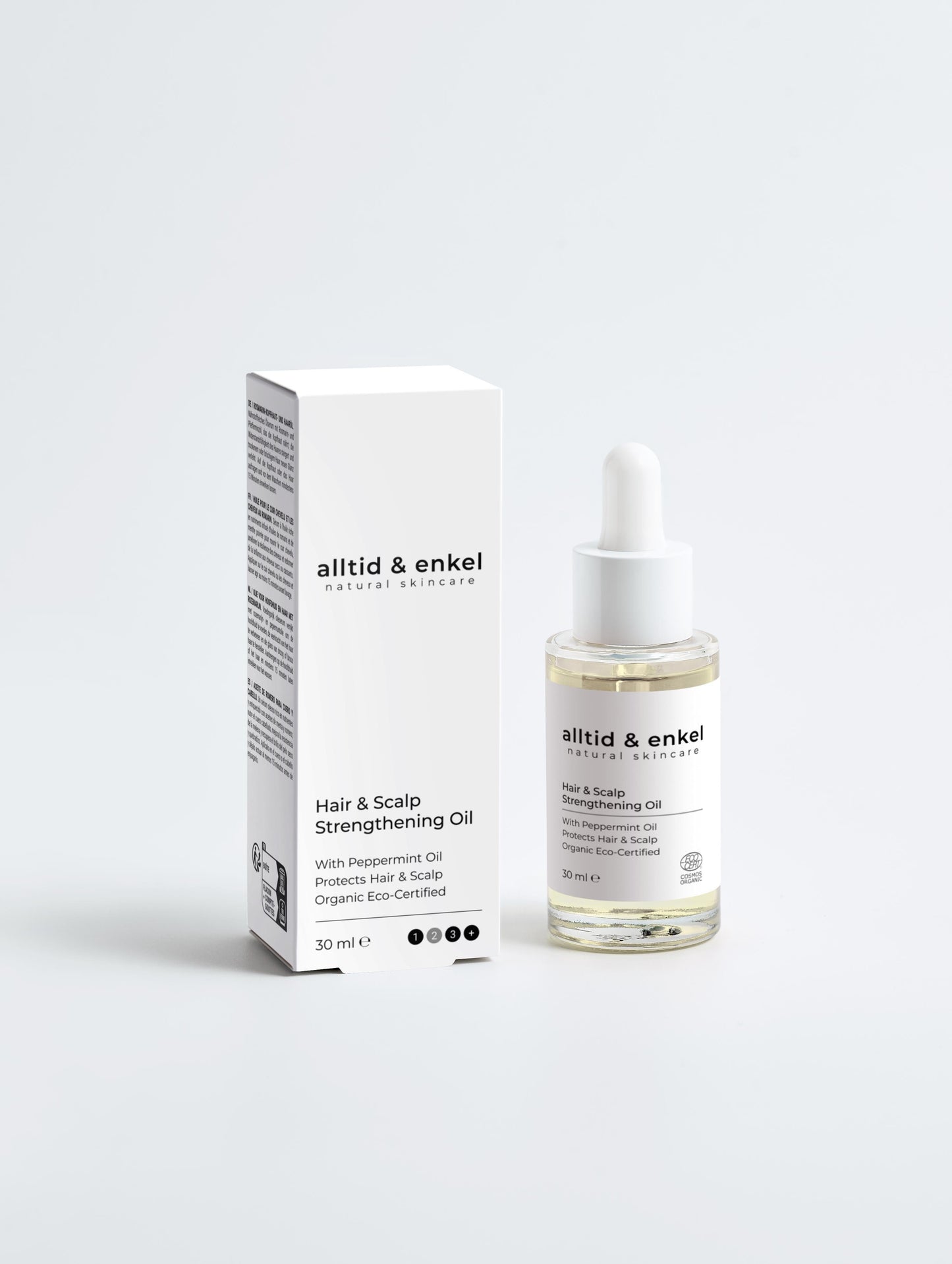 Hair & Scalp Strengthening Oil with pepperming oil next to its packaging box, 30 ml.
