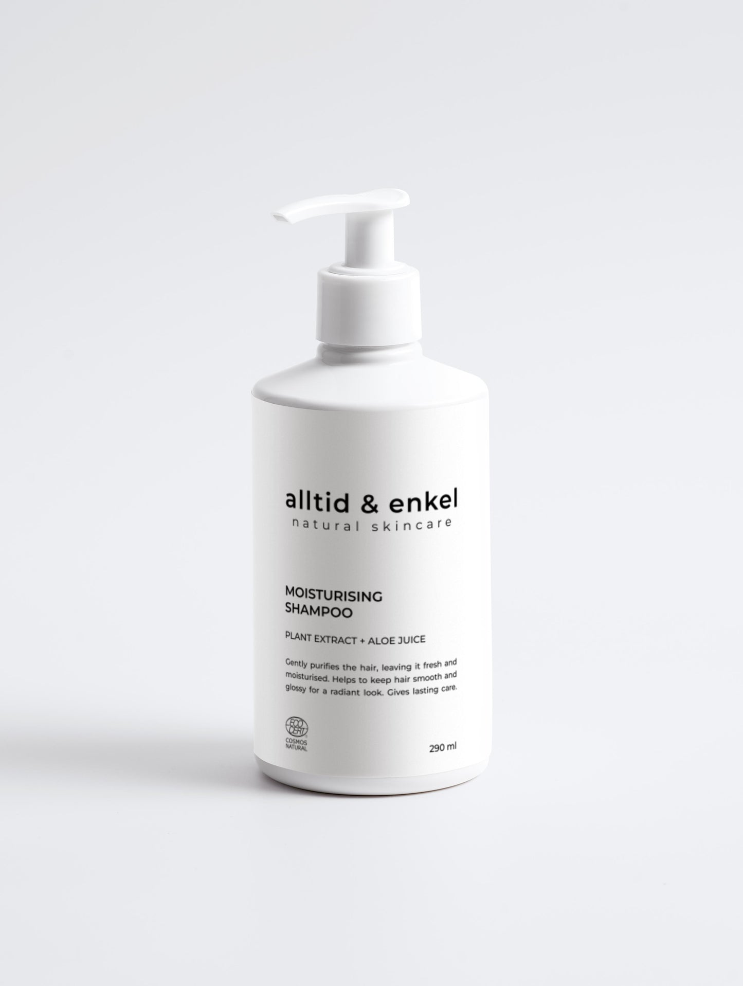 Moisturising shampoo in a sleek white bottle on a white background, 290 ml.