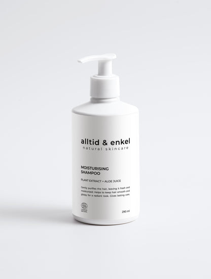 Moisturising shampoo in a sleek white bottle on a white background, 290 ml.
