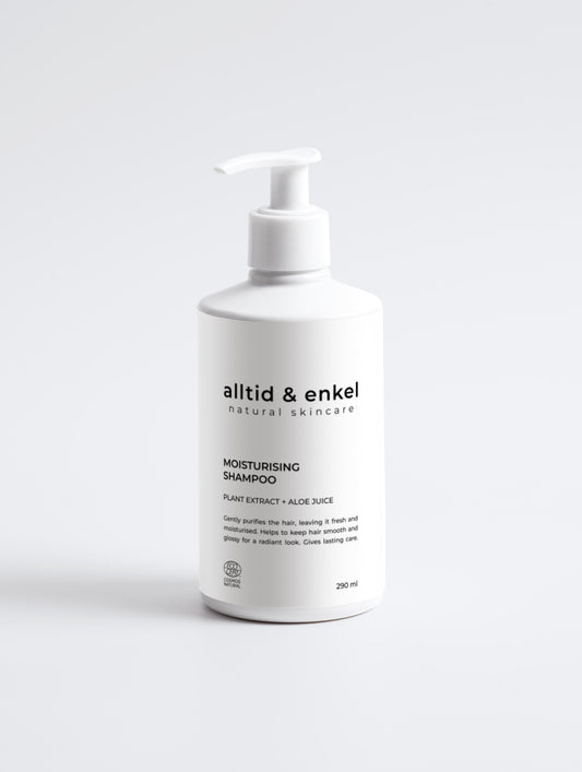 Moisturising shampoo in a sleek white bottle on a white background, 290 ml.