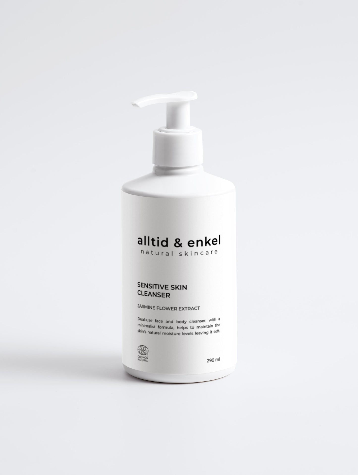 Sensitive skin cleanser in a sleek white bottle on a white background, 290 ml.