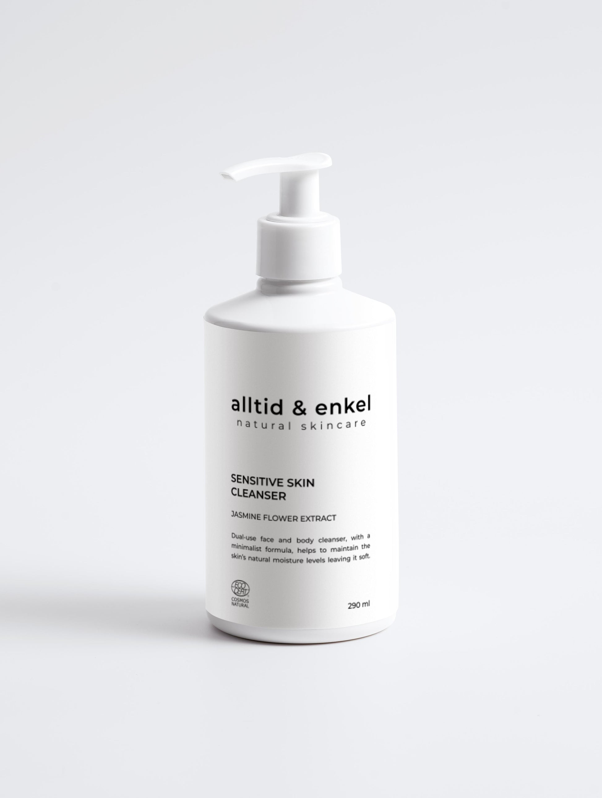 Sensitive skin cleanser in a sleek white bottle on a white background, 290 ml.