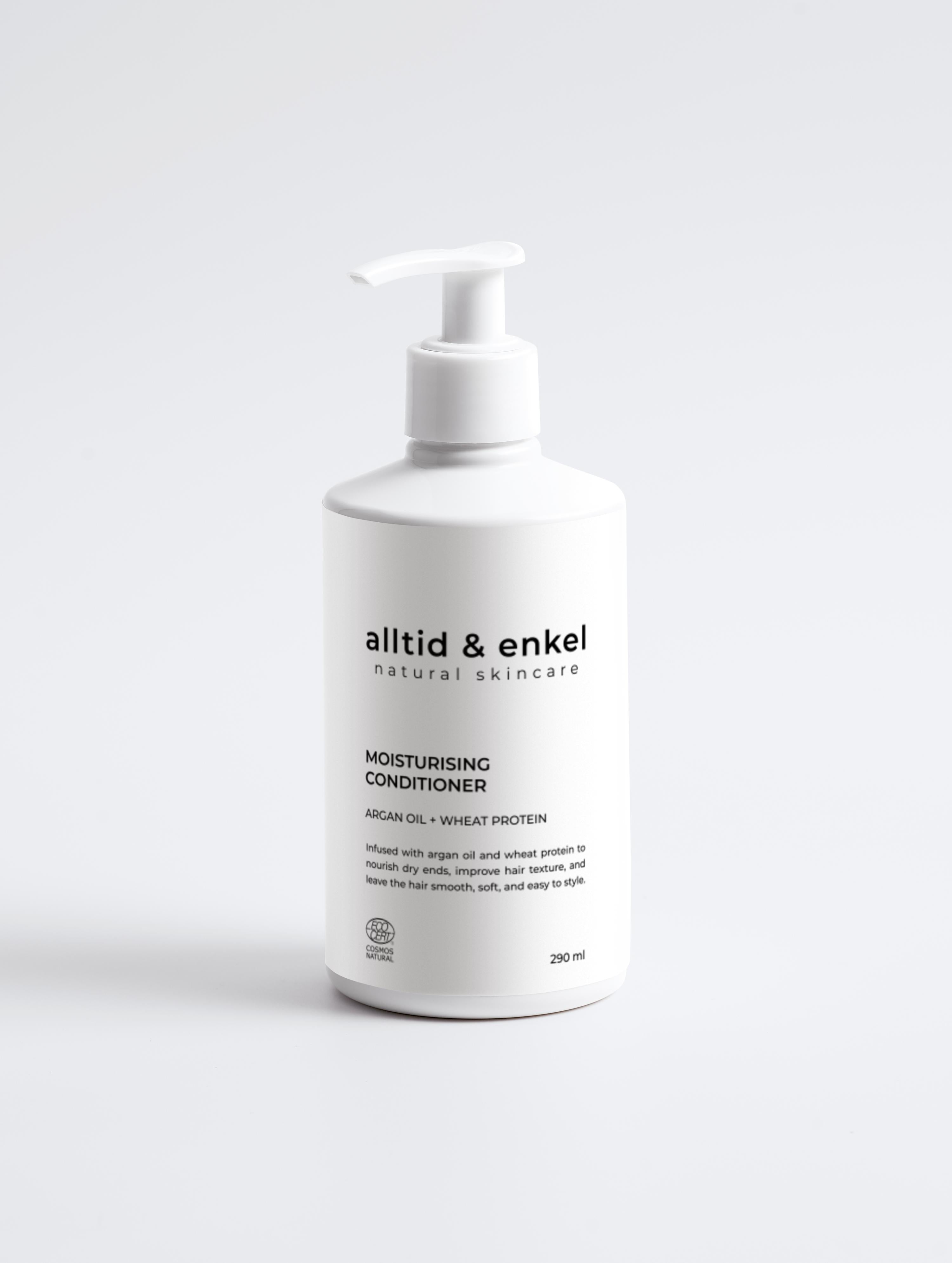 Moisturising conditioner in a sleek white bottle on a white background, 290 ml.