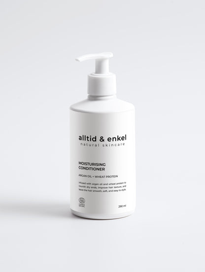 Moisturising conditioner in a sleek white bottle on a white background, 290 ml.