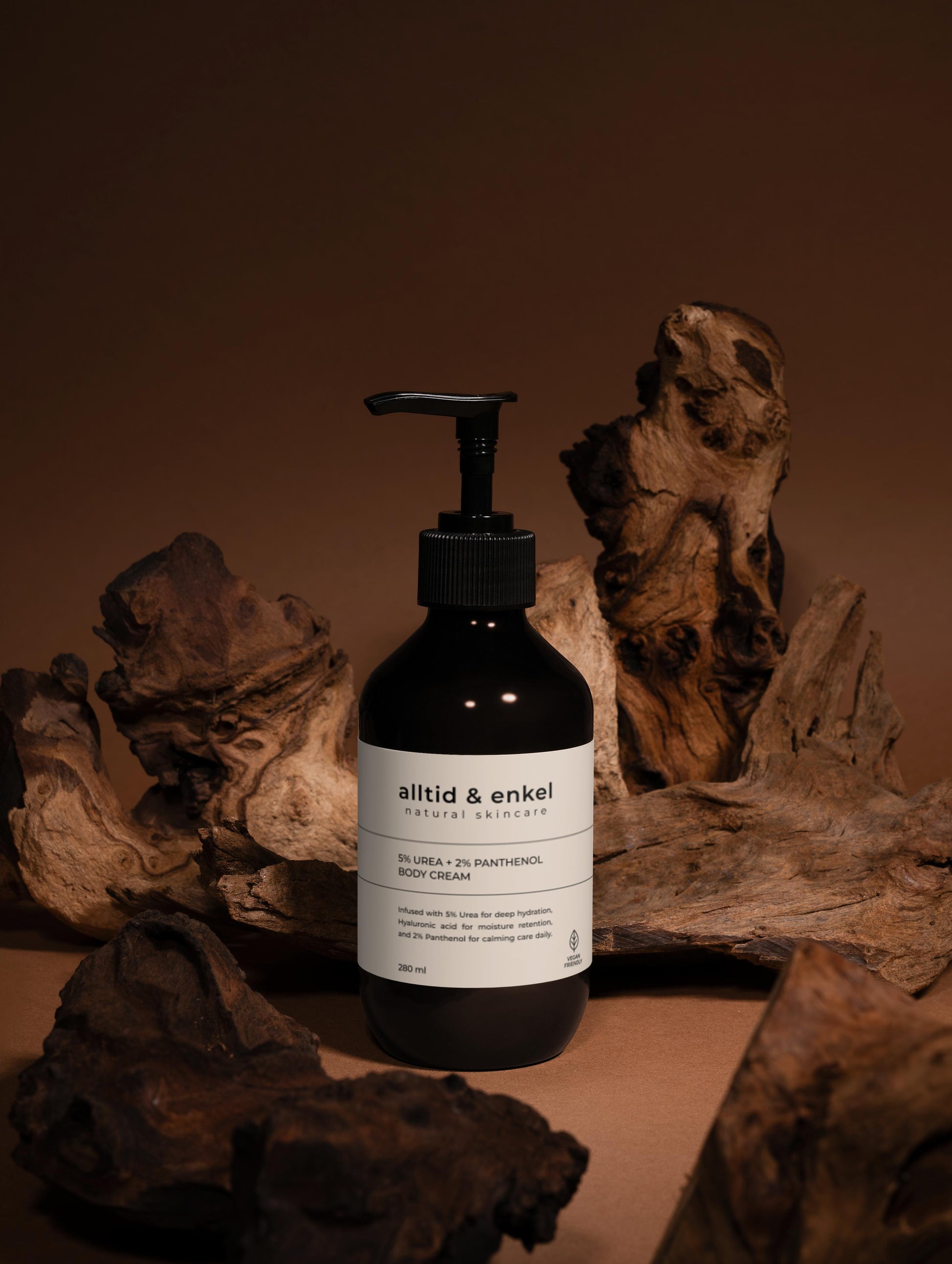 Bottle of natural body cream with natural wood background