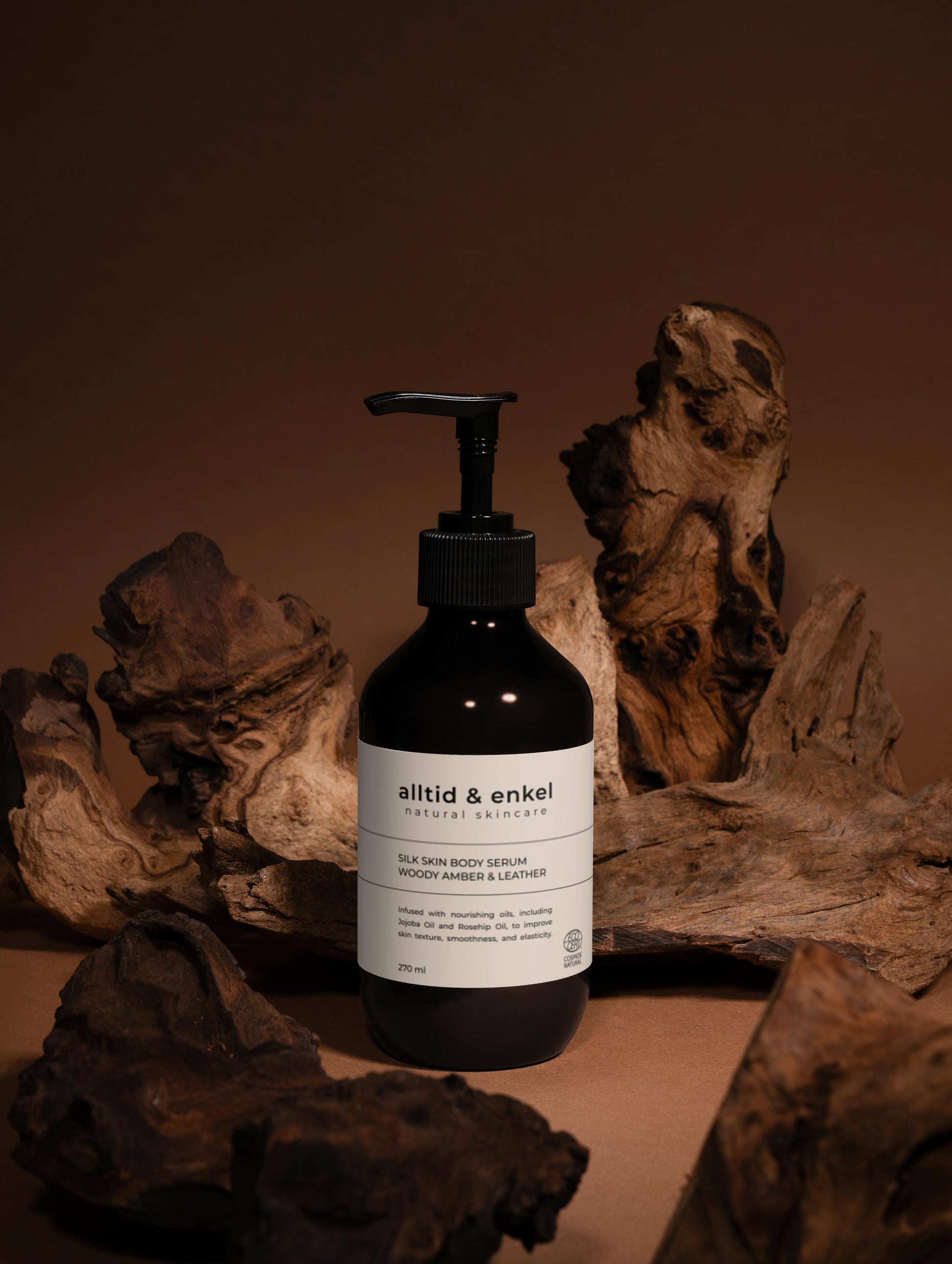 Bottle of natural body cream with natural wood background