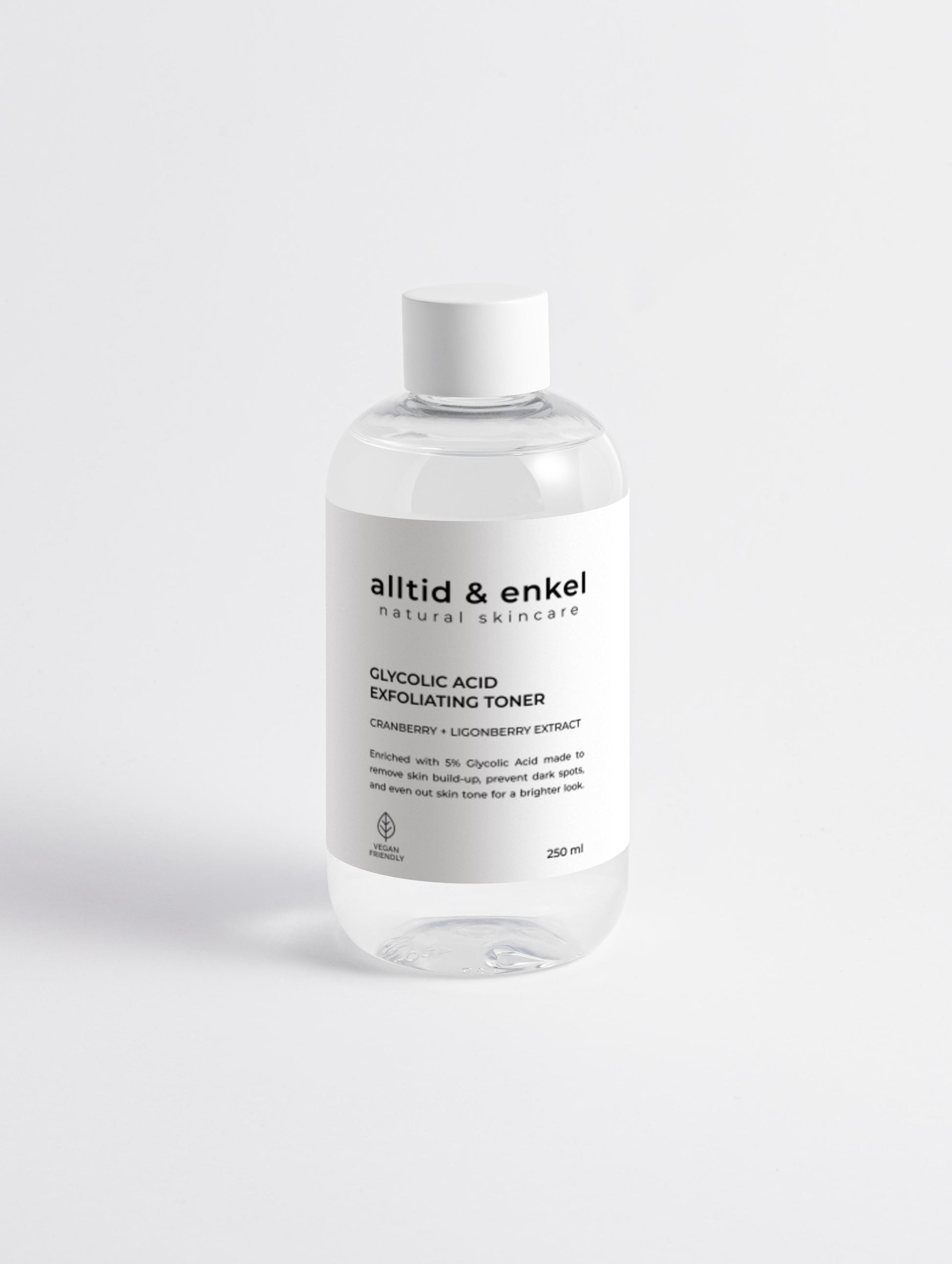 Glycolic acid face toner in a sleek white bottle on a white background, 290 ml.