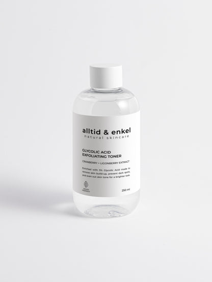 Glycolic acid face toner in a sleek white bottle on a white background, 290 ml.