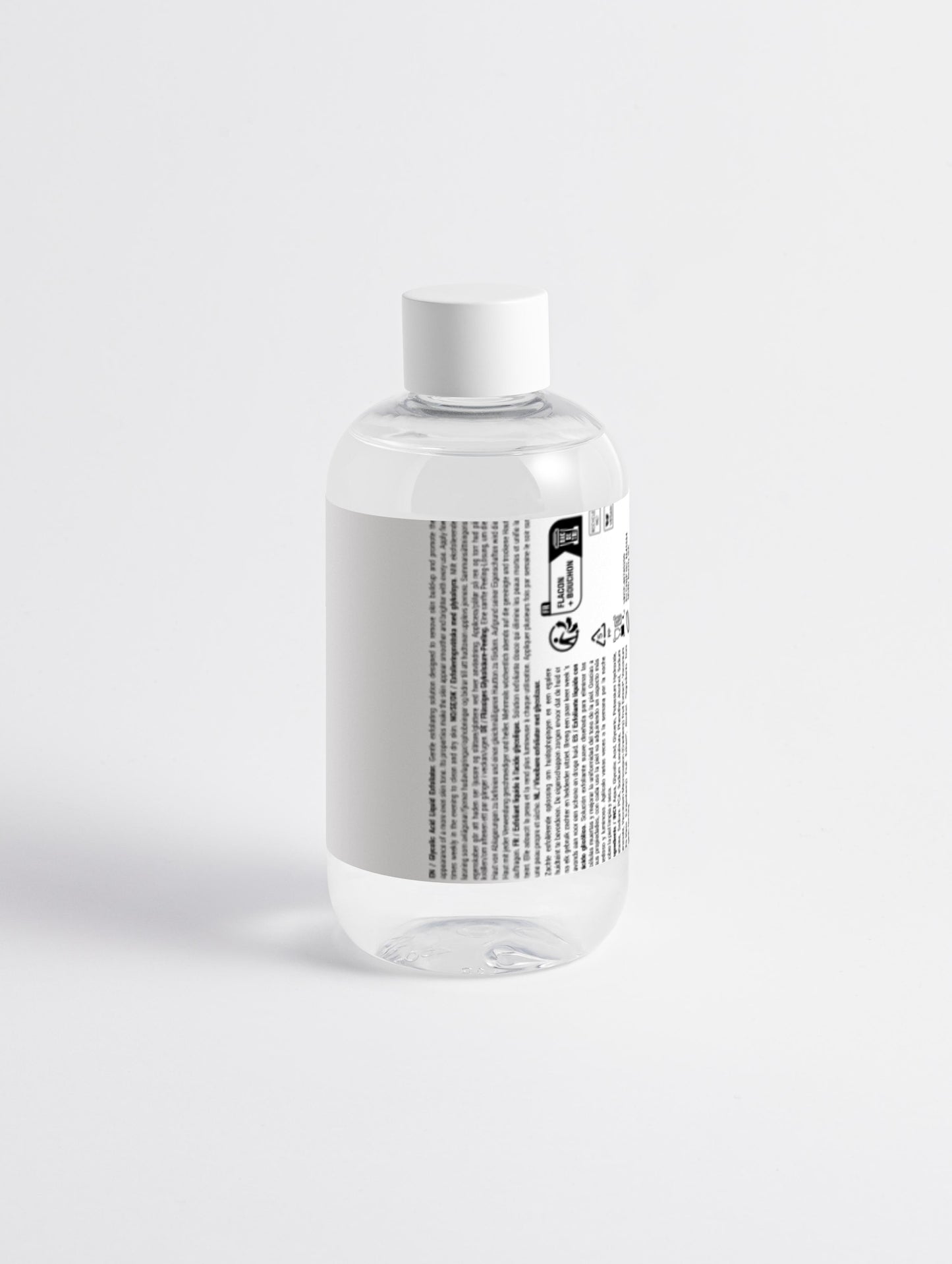 Glycolic acid face toner in a sleek white bottle on a white background from the back side, 290 ml.