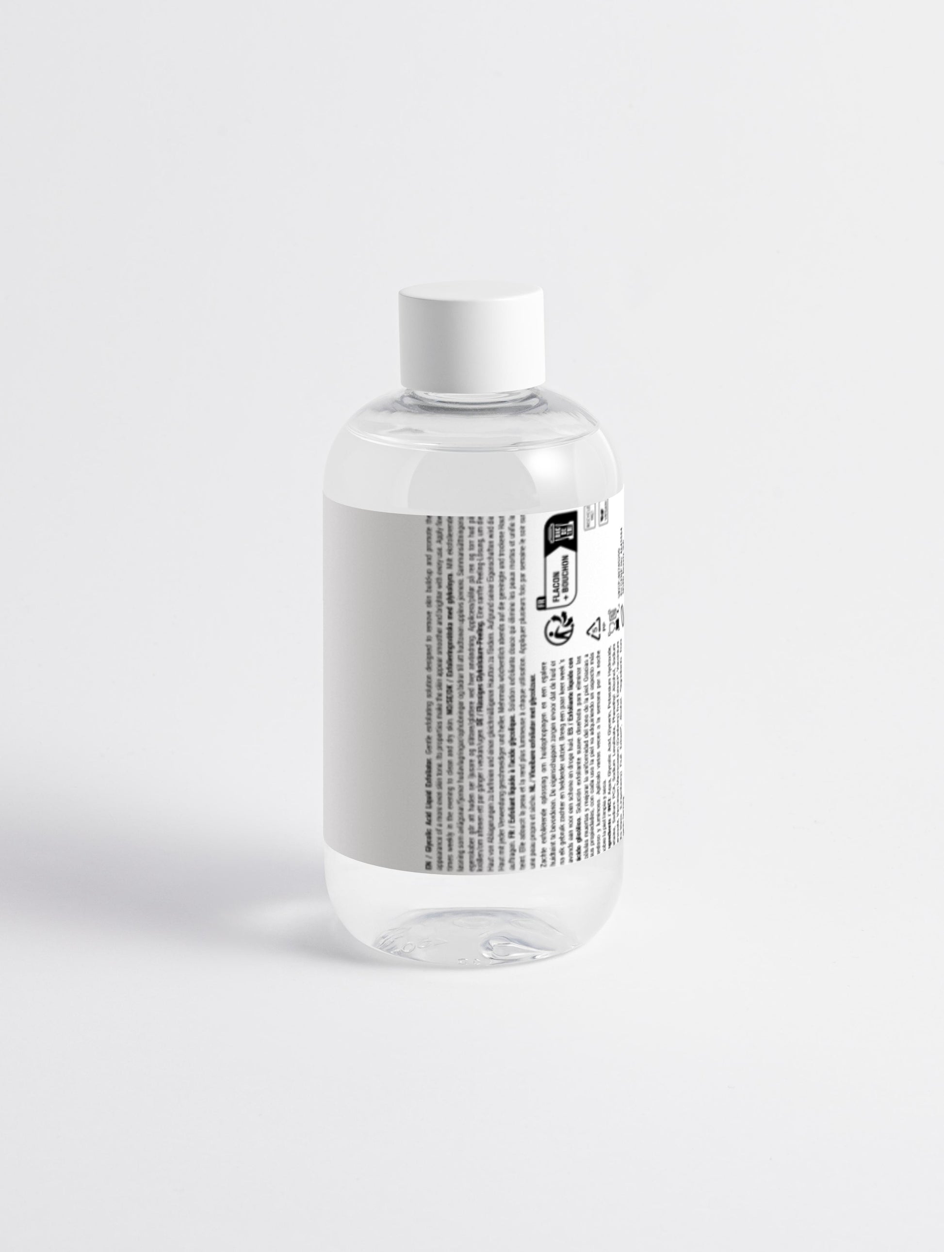 Glycolic acid face toner in a sleek white bottle on a white background from the back side, 290 ml.