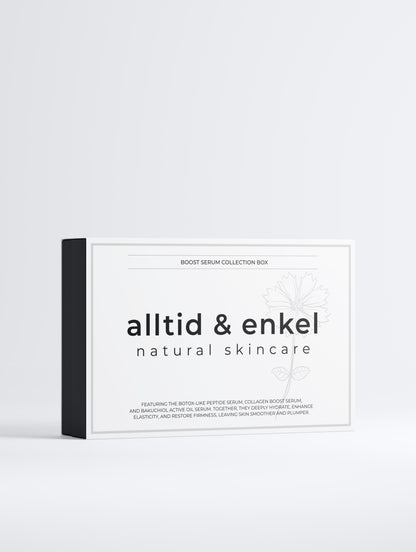 Boost serum collection in a sleek white box from the front on a white background.