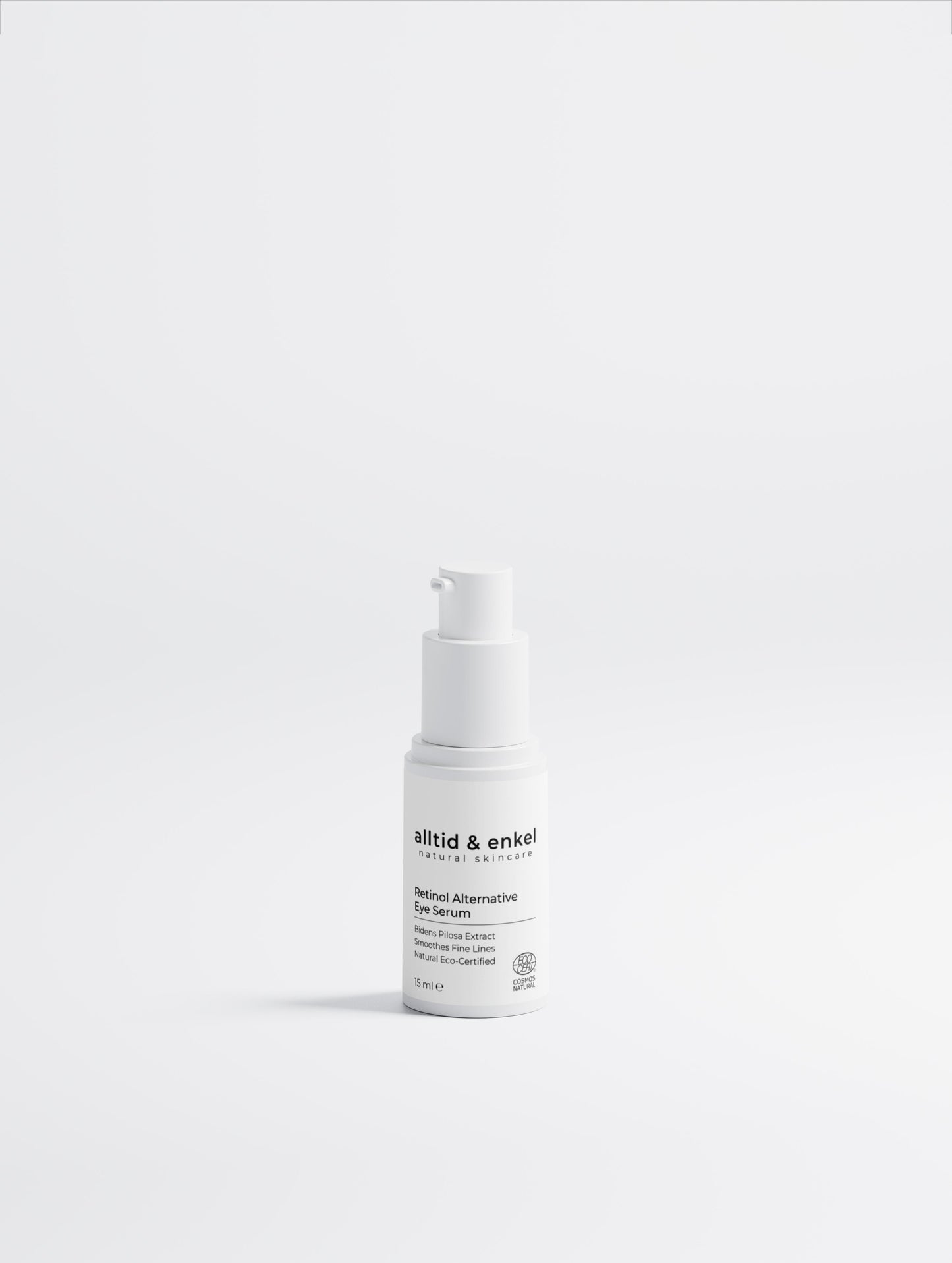 Retinol alternative eye serum in a sleek white bottle on a white background, 15 ml.