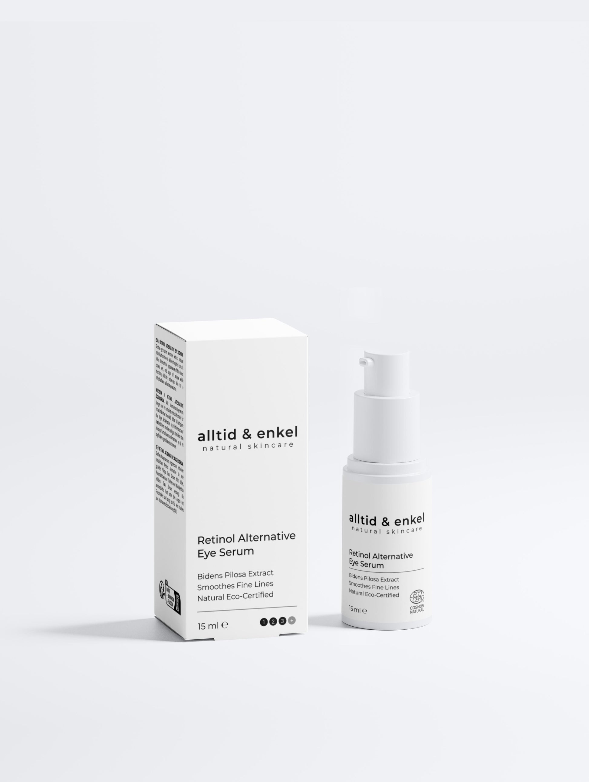 Retinol Alternative Eye Serum in a sleek white bottle with box on a white background, 15 ml.