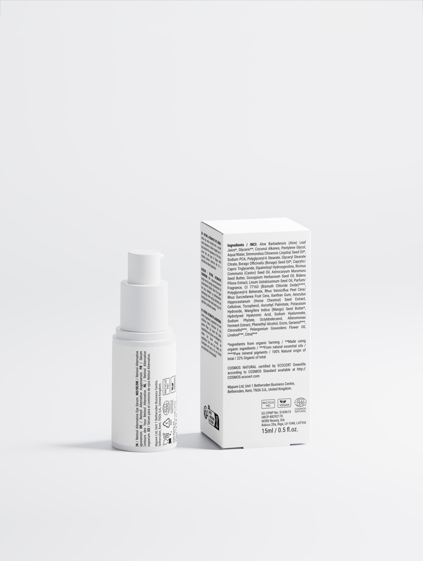 Retinol alternative eye serum in a sleek white bottle with box from the back on a white background, 15 ml.
