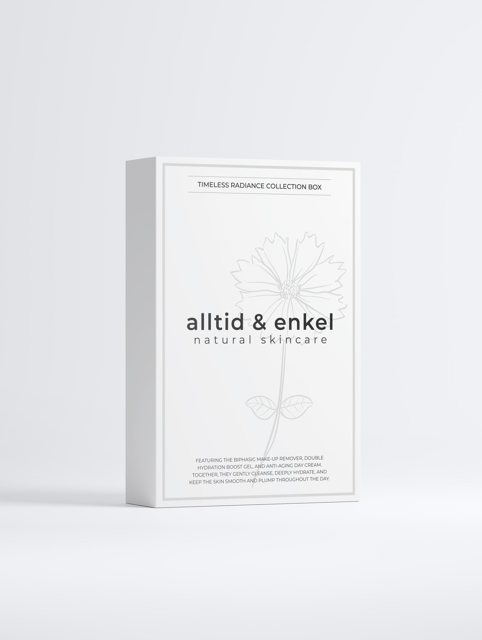 Box of natural skincare timeless radiance collection on a white background - front side.