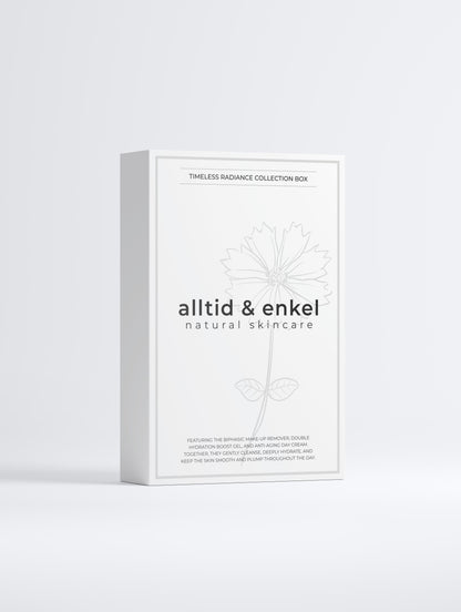 Box of natural skincare timeless radiance collection on a white background - front side.