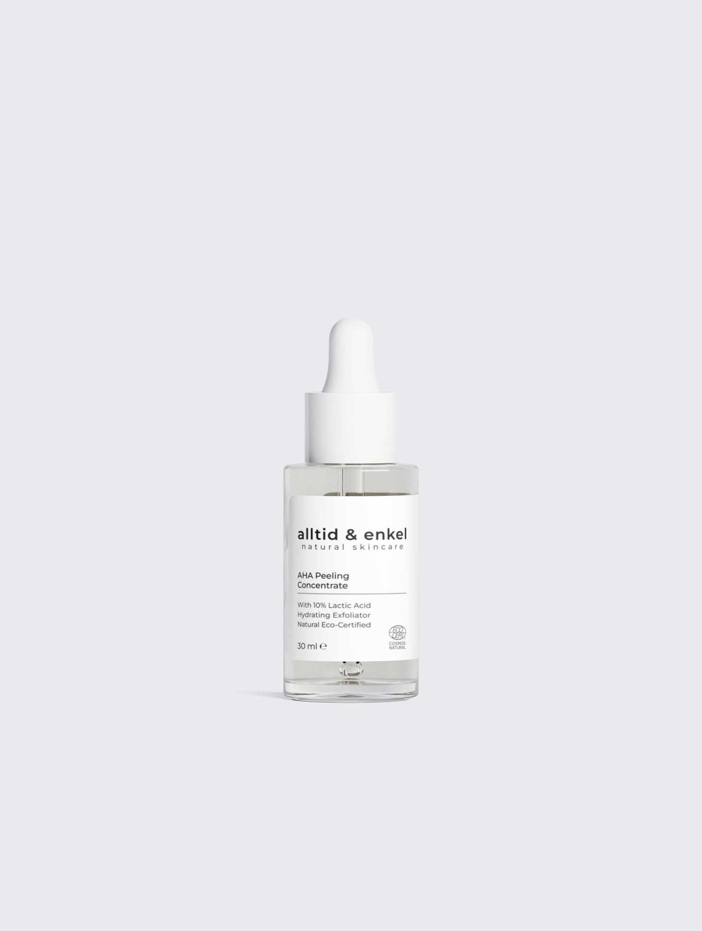 Natural AHA Peeling Concentrate in a sleek white bottle on a white background, showcasing its clean, minimalist look.