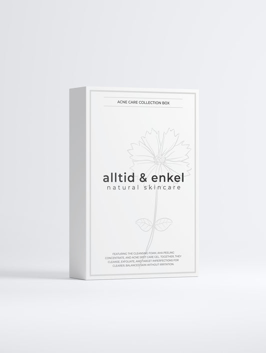 Box of natural skincare acne care collection on a white background from the front side.