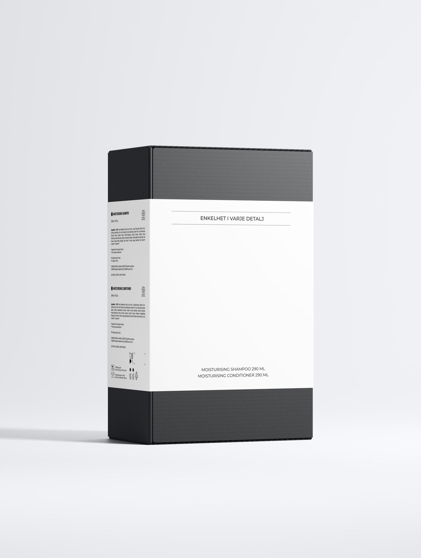 Box of moisturising shampoo and conditioner collection on a white background from the back side.