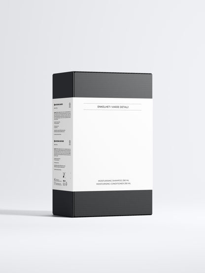 Box of moisturising shampoo and conditioner collection on a white background from the back side.