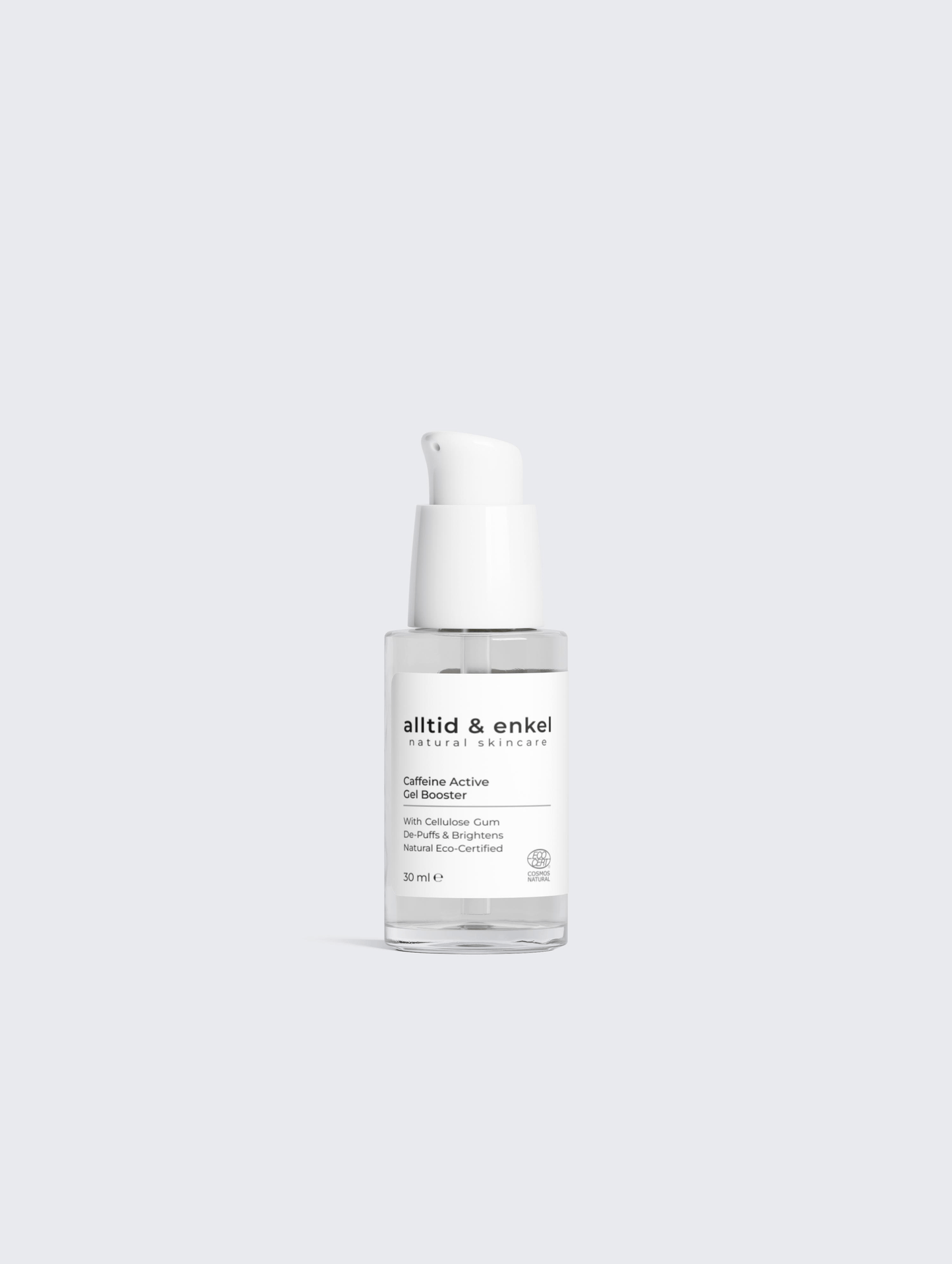 Caffeine active gel booster in a sleek white bottle on a white background, 30 ml.