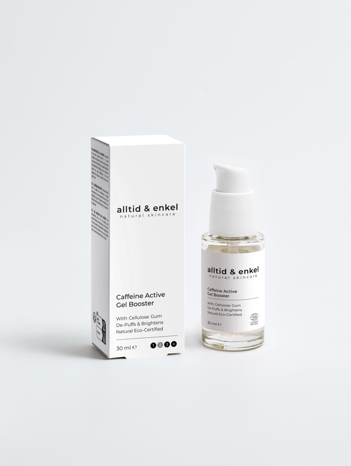 Caffeine active gel booster in a sleek white bottle with box on a white background, 30 ml.