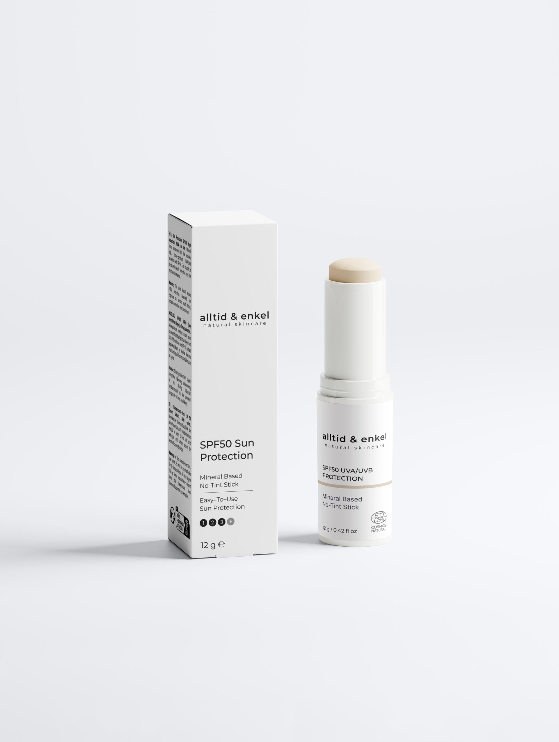 Mineral SPF50 sunscreen stick with box on a white background, 12 g. 