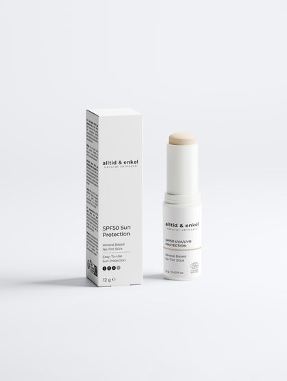 Mineral SPF50 sunscreen stick with box on a white background, 12 g. 