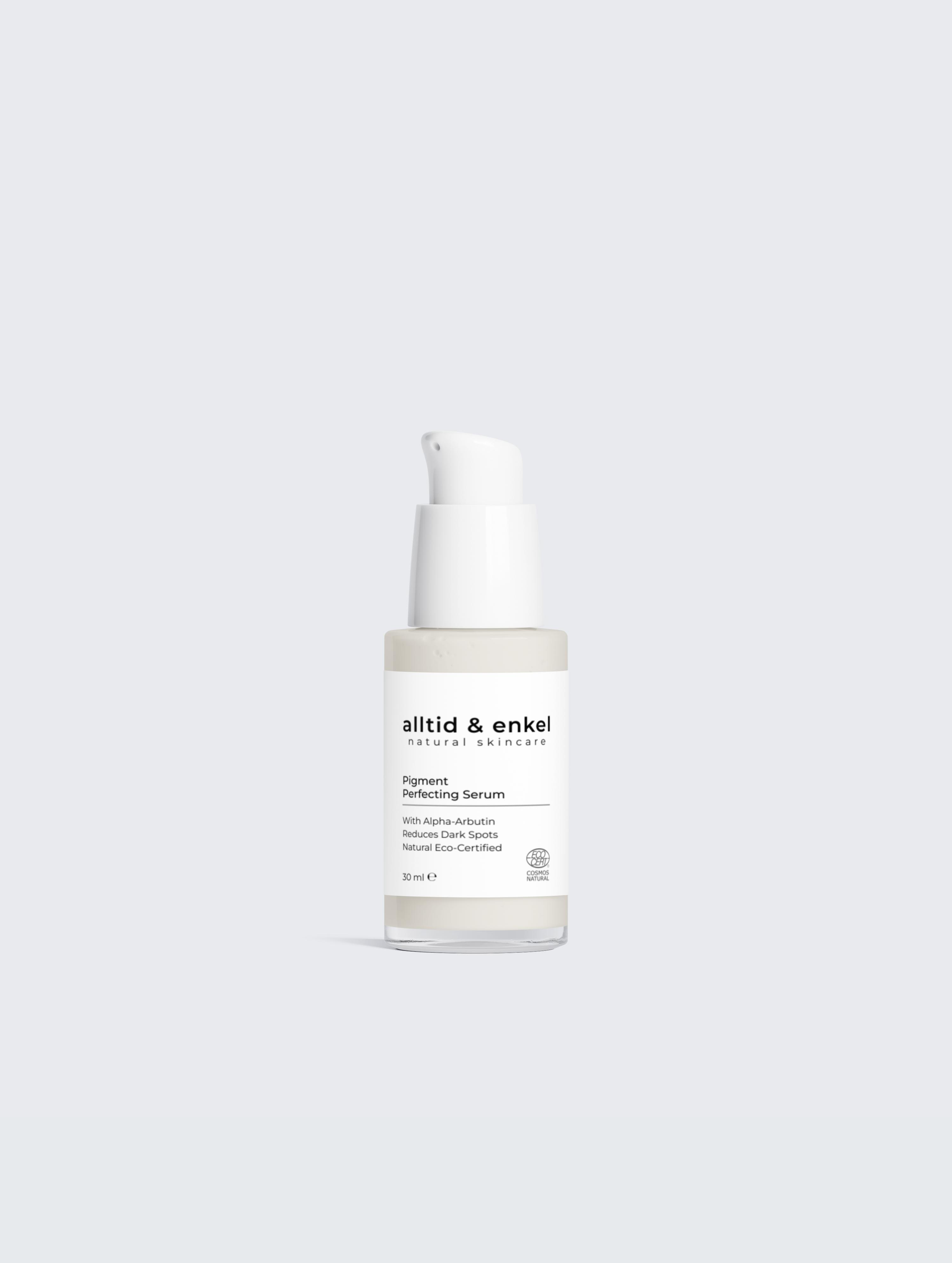 Pigment perfecting serum in a sleek white bottle on a white background, 30 ml.