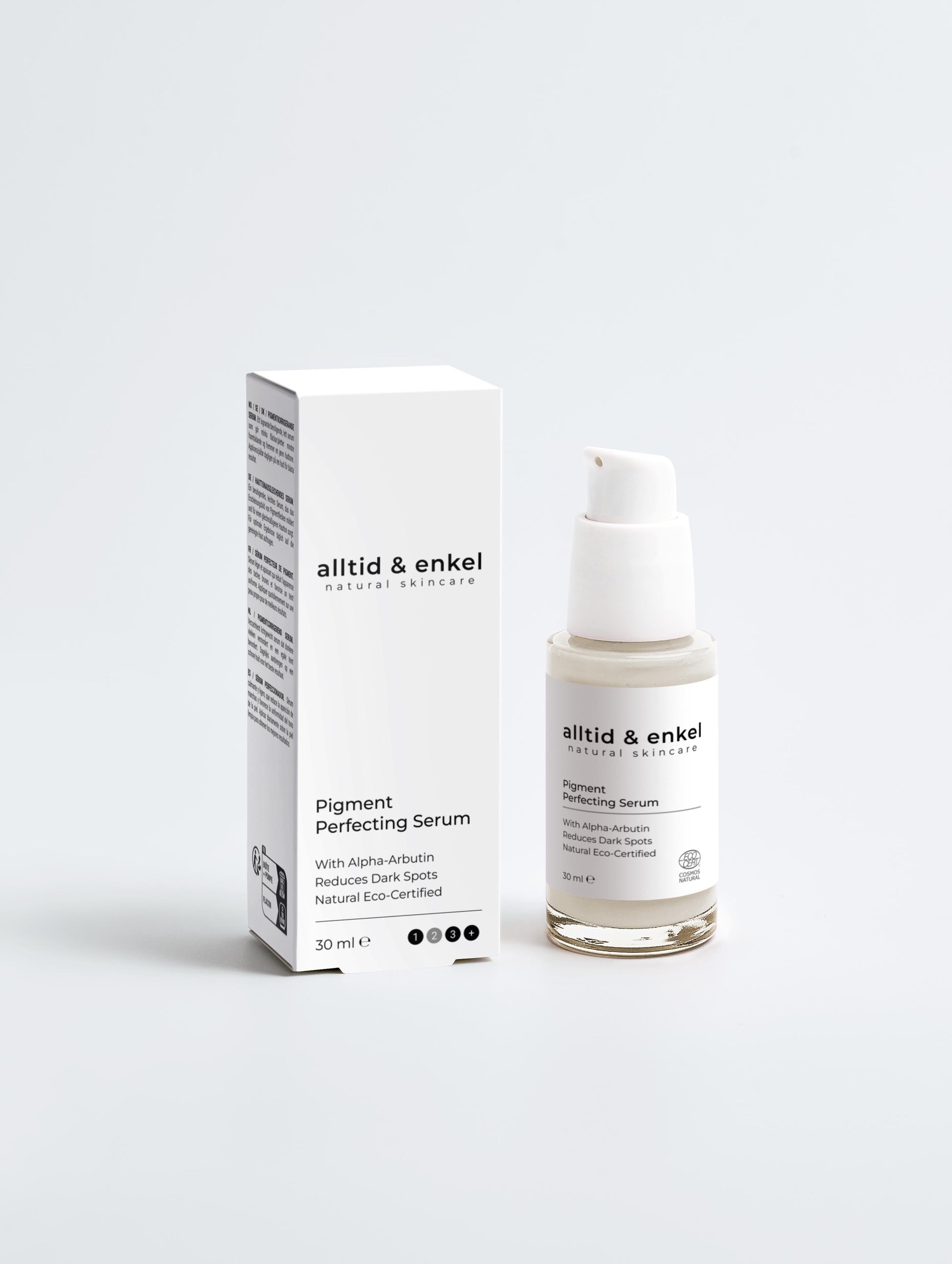 Pigment perfecting serum in a sleek white bottle with box on a white background, 30 ml.