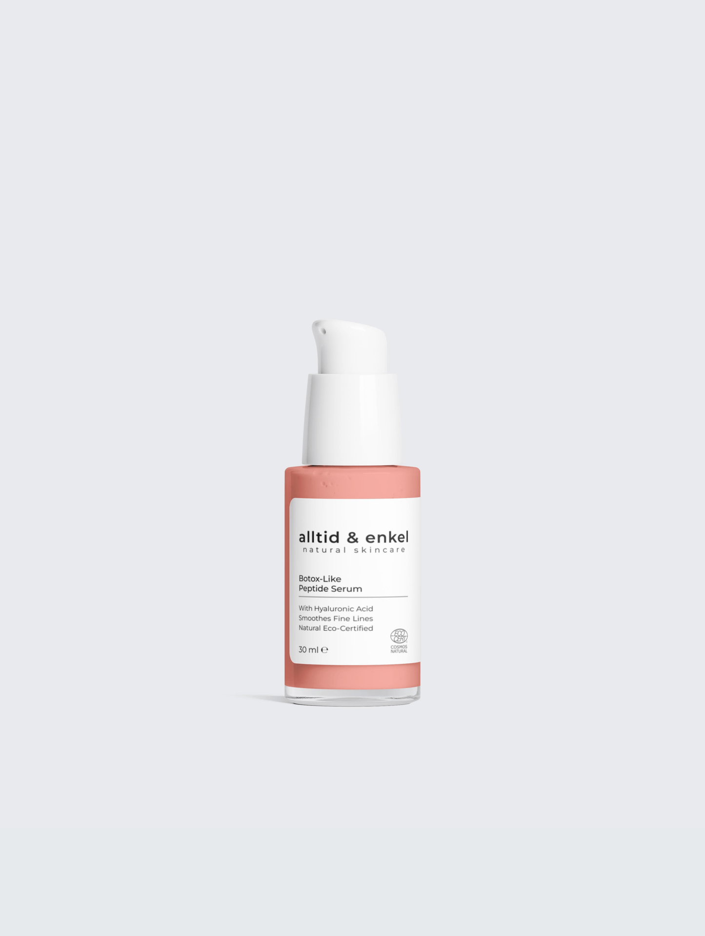 Botox peptide serum in a sleek white bottle on a white background, 30 ml.