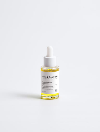 Bakuchiol oil serum in a sleek white bottle on a white background, 30 ml.