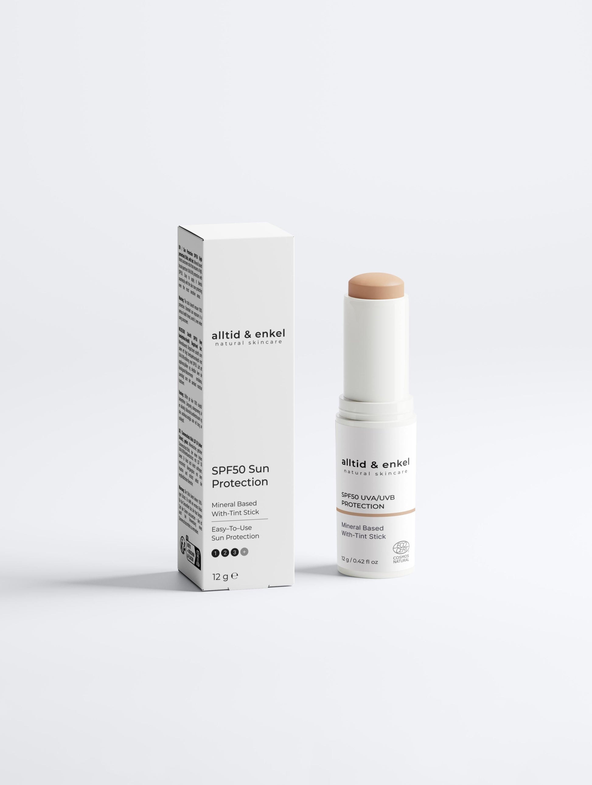 Mineral SPF50 sunscreen stick with box on a white background, 12 g.