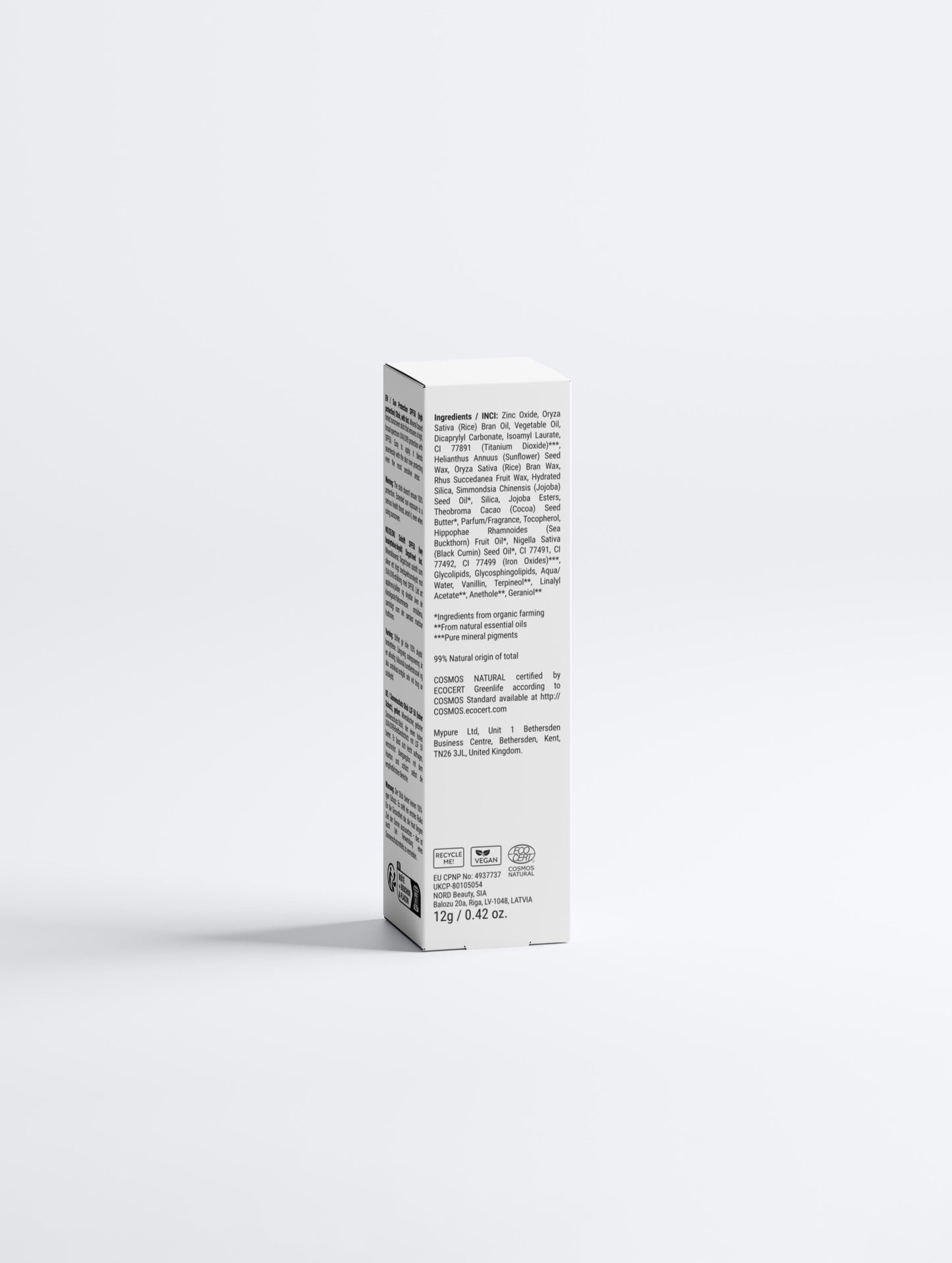 Mineral SPF50 sunscreen box from the back on a white background, 12 g.