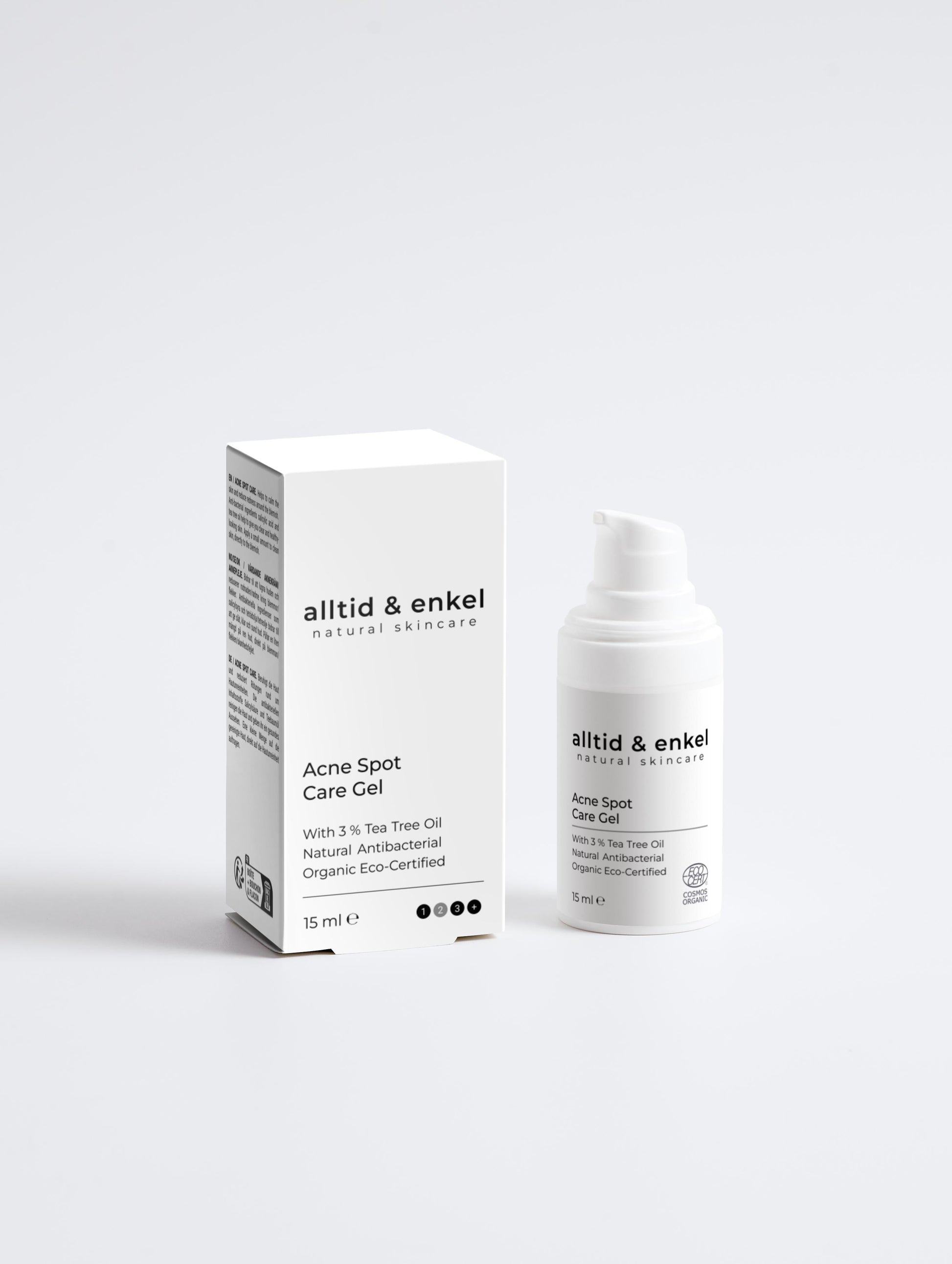 Acne spot care gel in a sleek white bottle with box on a white background, 15 ml.