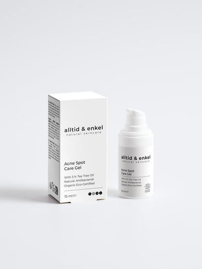 Acne spot care gel in a sleek white bottle with box on a white background, 15 ml.