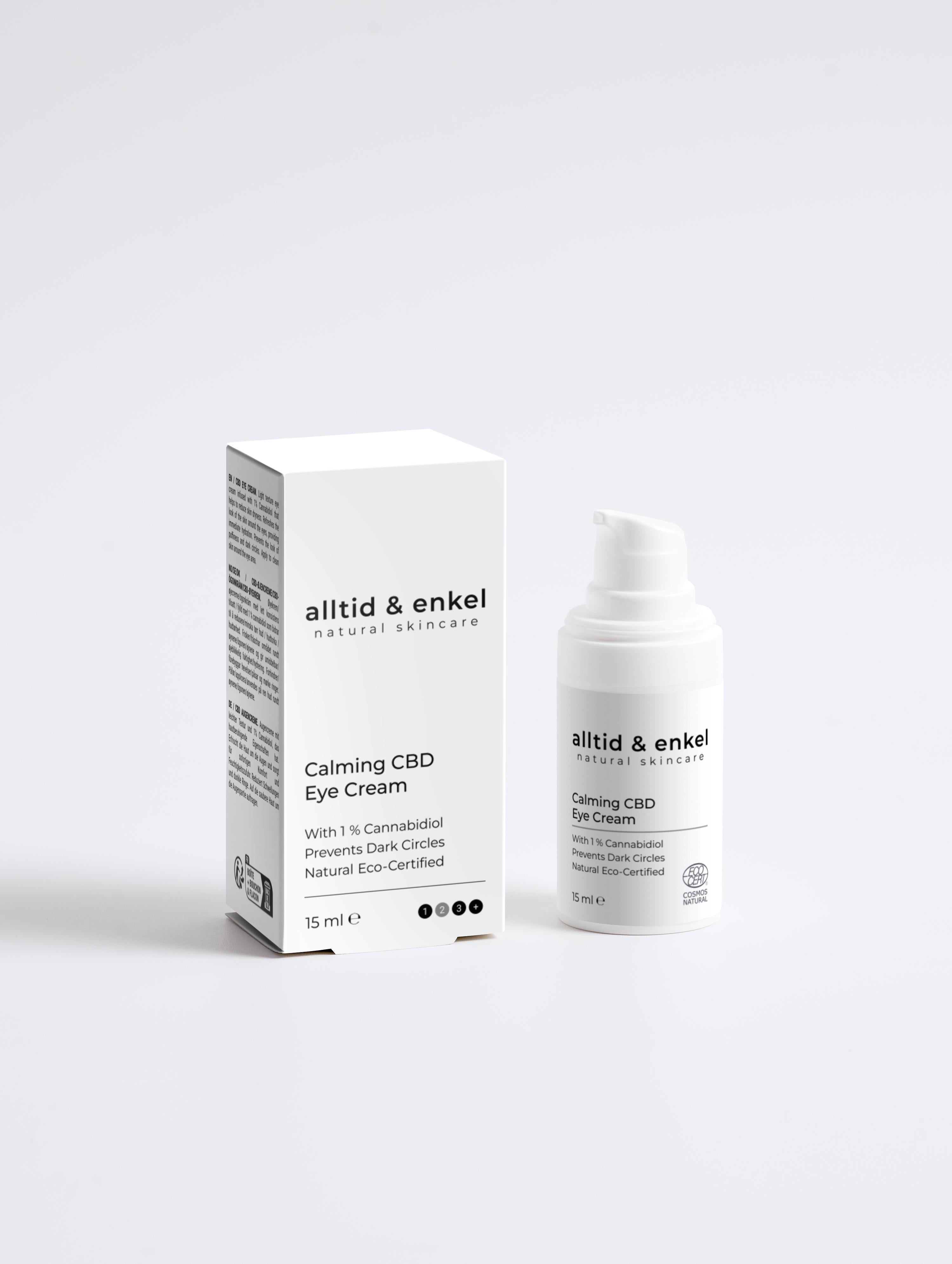 CBD calming eye cream in a sleek white bottle with box on a white background, 15 ml.