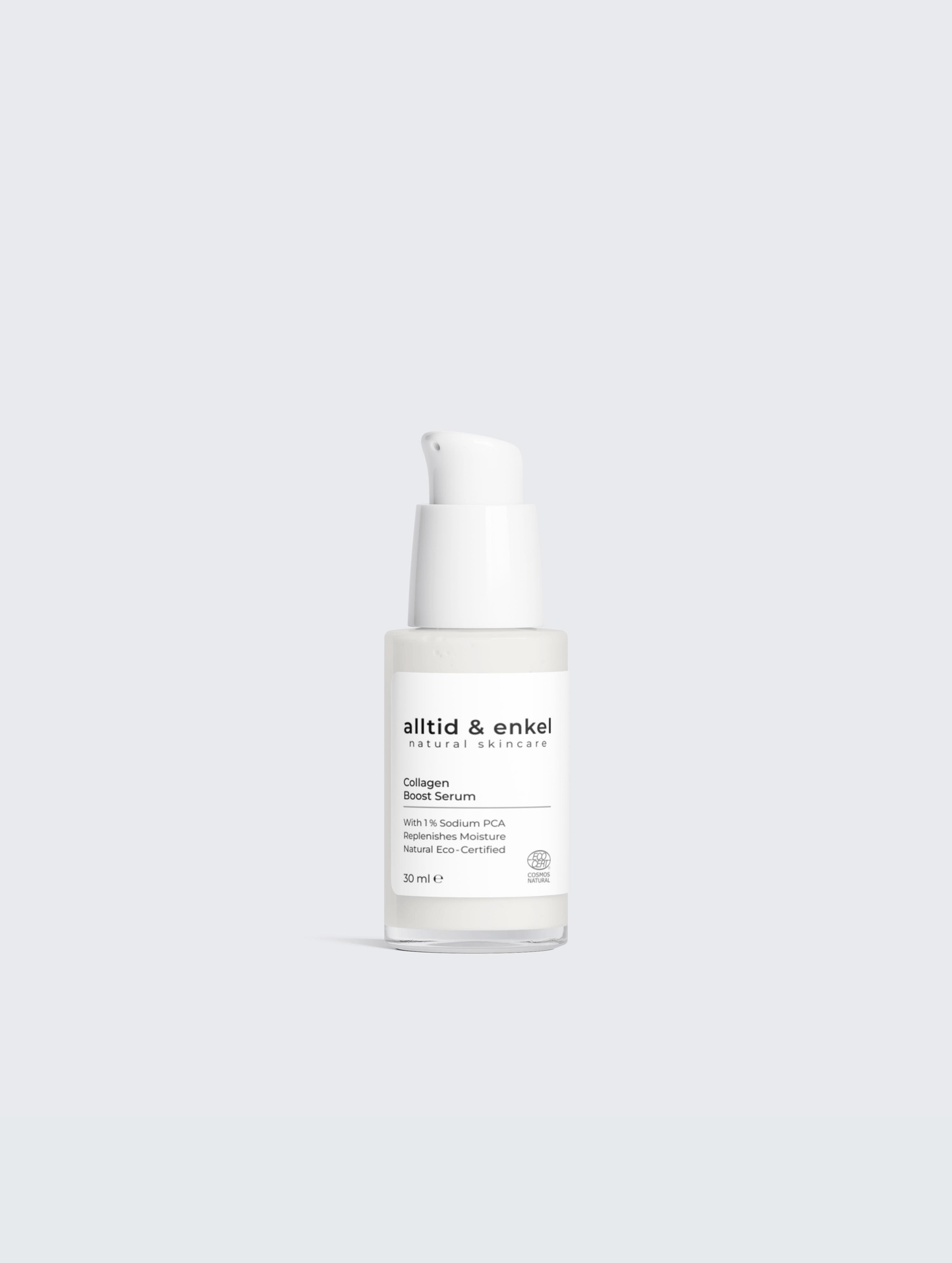 Collagen boost serum in a sleek white bottle on a white background, 30 ml.