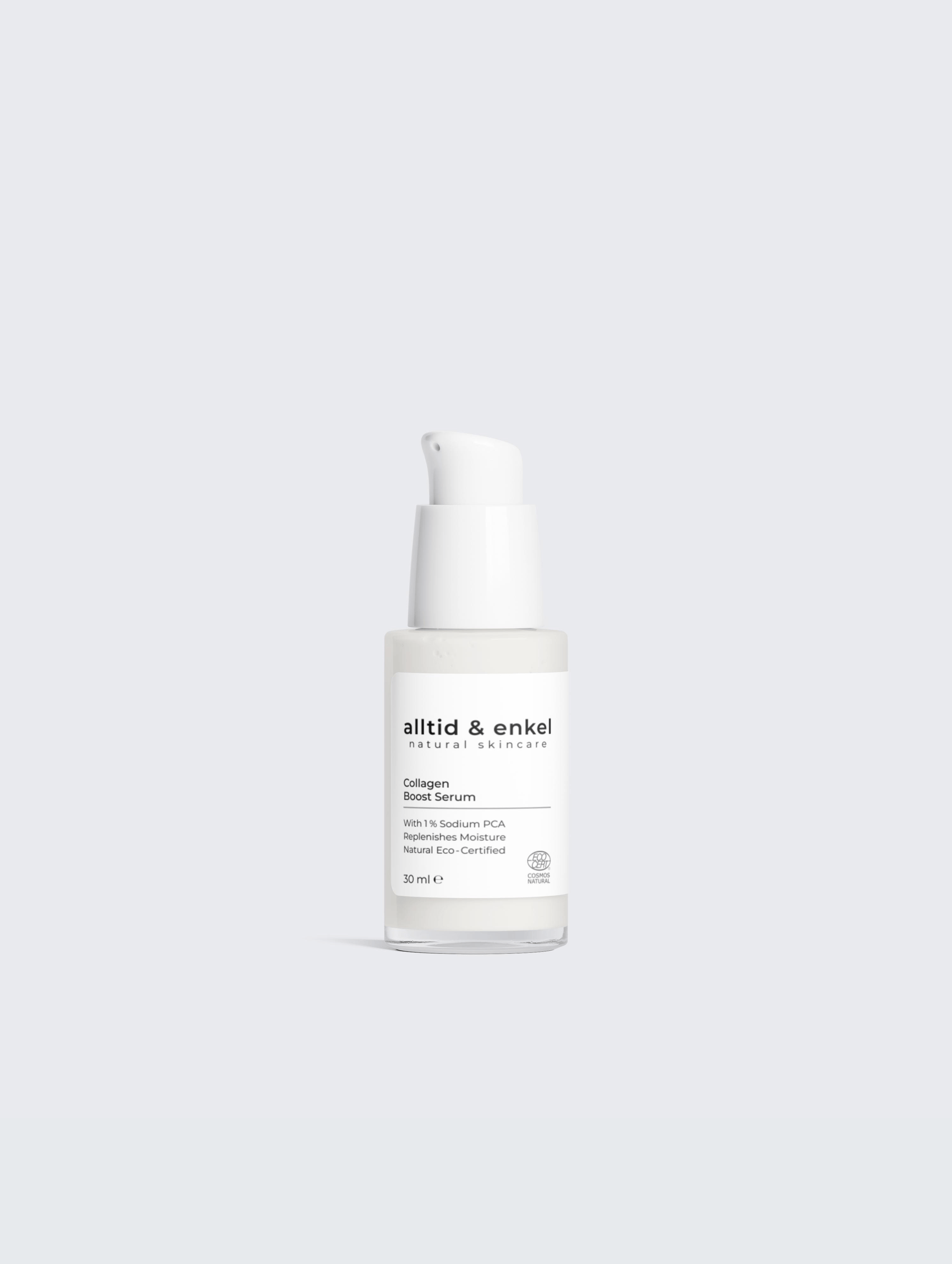 Collagen boost serum in a sleek white bottle on a white background, 30 ml.