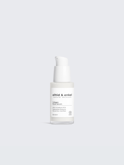 Collagen boost serum in a sleek white bottle on a white background, 30 ml.