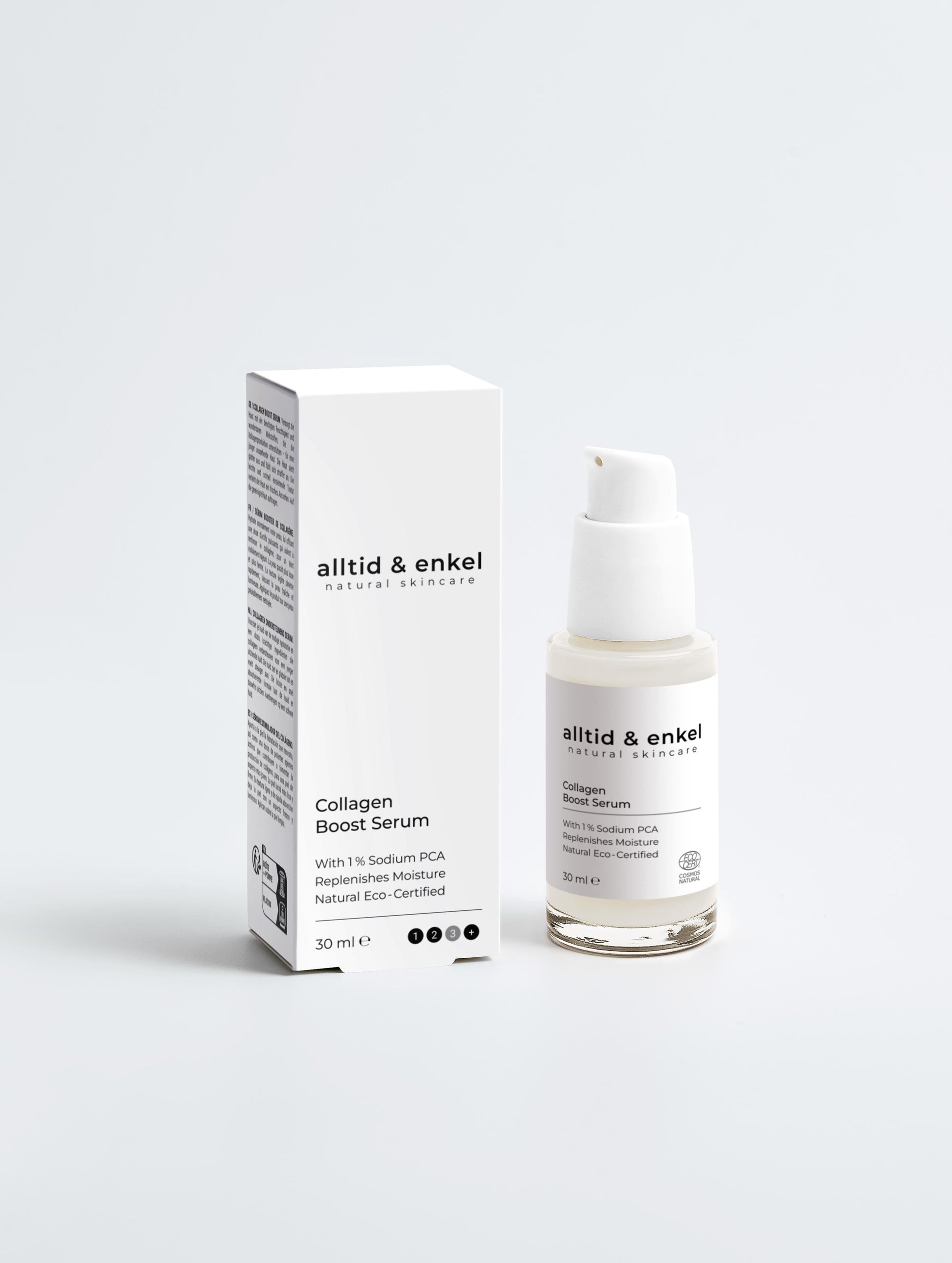 Collagen boost serum in a sleek white bottle with box on a white background, 30 ml.