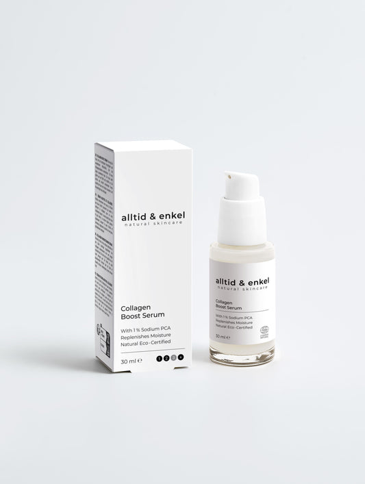 Collagen boost serum in a sleek white bottle with box on a white background, 30 ml.