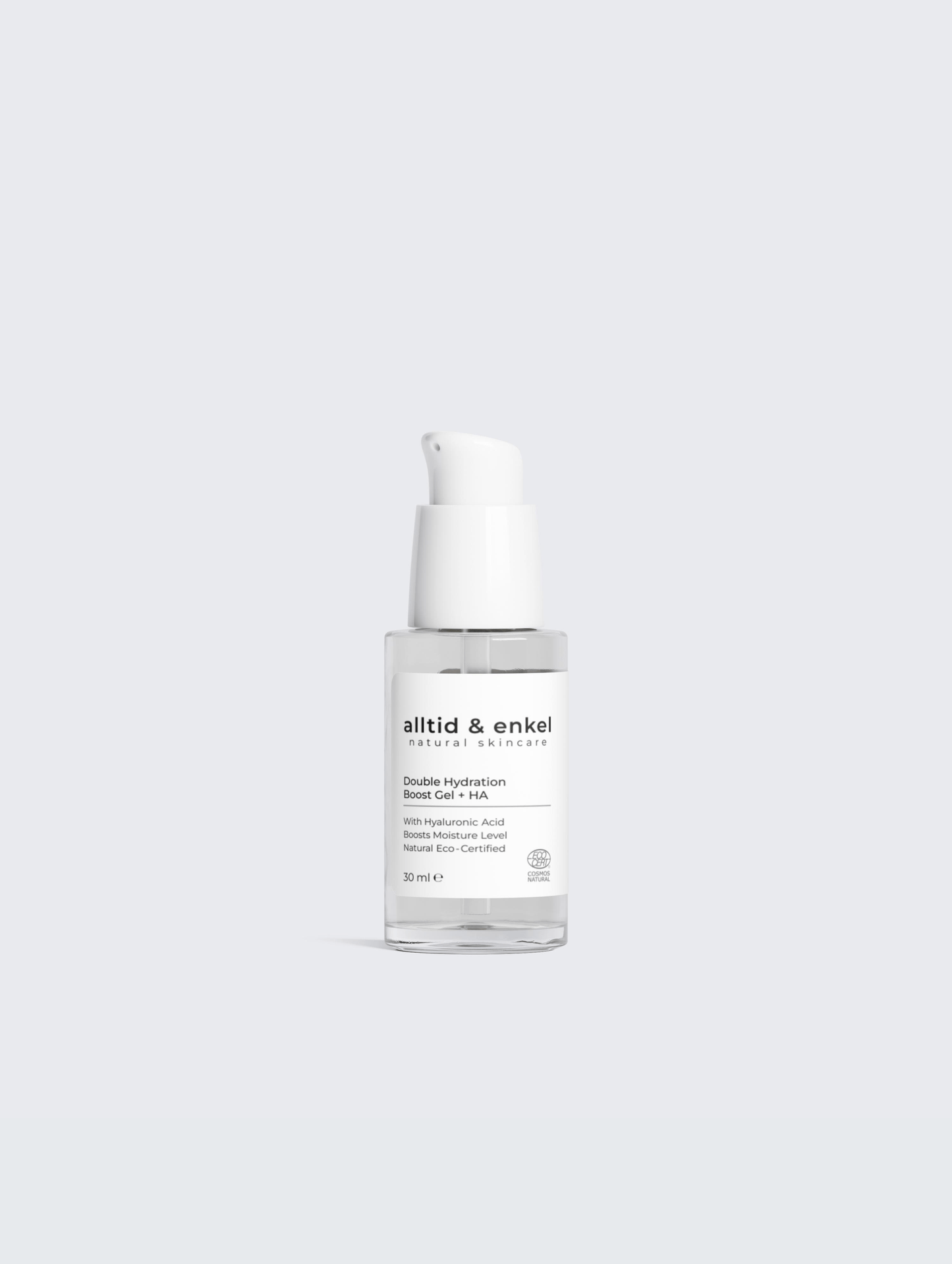 Double hydration boost gel with hyaluronic acid in a sleek white bottle on a white background, 30 ml.