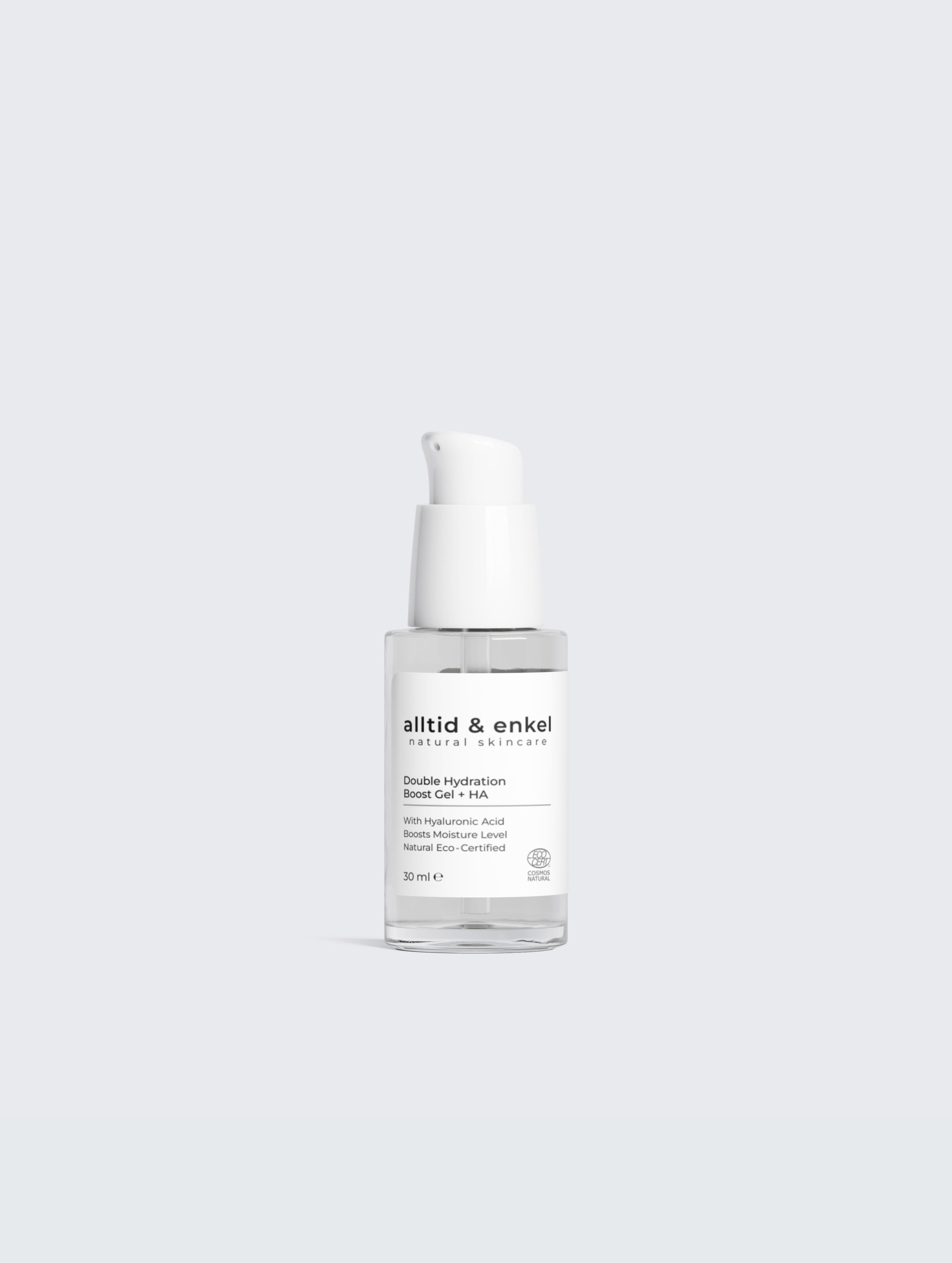 Double hydration boost gel with hyaluronic acid in a sleek white bottle on a white background, 30 ml.