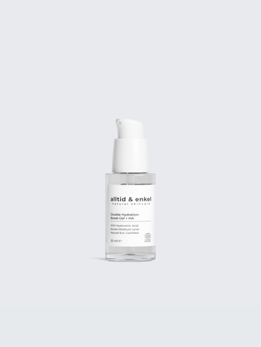 Double hydration boost gel with hyaluronic acid in a sleek white bottle on a white background, 30 ml.