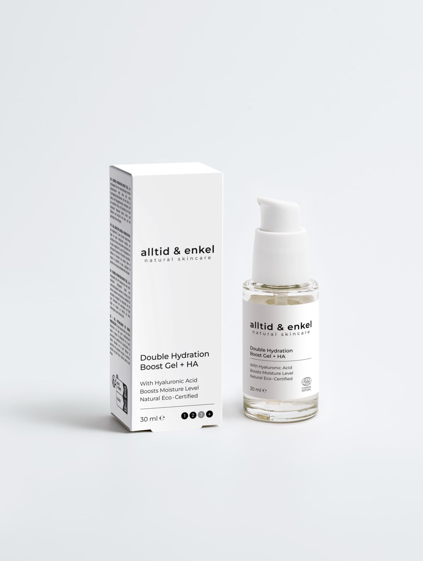 Double hydration boost gel with hyaluronic acid in a sleek white bottle with box on a white background, 30 ml.