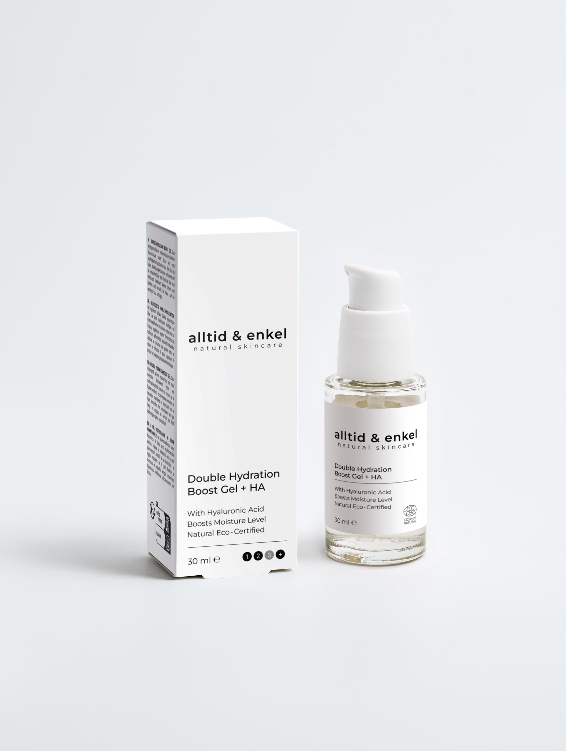 Double hydration boost gel with hyaluronic acid in a sleek white bottle with box on a white background, 30 ml.