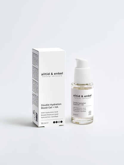 Double hydration boost gel with hyaluronic acid in a sleek white bottle with box on a white background, 30 ml.